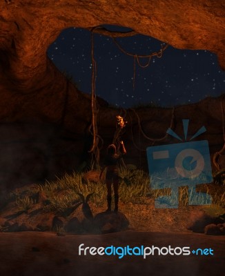 3d Illustration Of The Girl With Torchlight Discover A Derelict Cave Stock Image