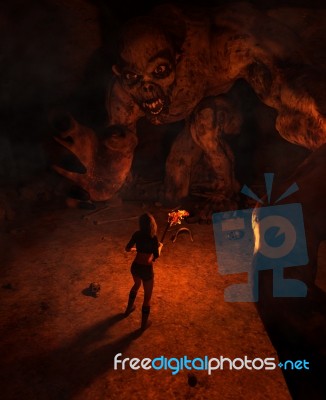 3d Illustration Of The Girl With Torchlight Discover A Monster Stock Image
