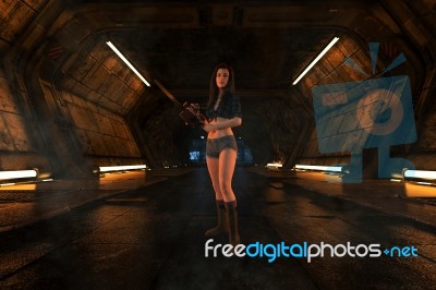 3d Illustration Of  Woman With Chainsaw In Scifi Corridor Stock Image