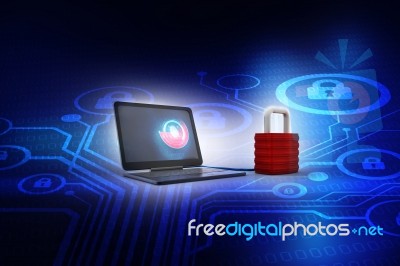 3d Illustration Safety Concept: Closed Padlock With Laptop On Digital Background Stock Image