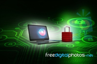 3d Illustration Safety Concept: Closed Padlock With Laptop On Digital Background Stock Image