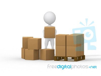 3d Man Carrying Cardboard Box Stock Image