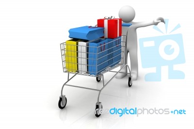 3d Man Rolls The Shopping Cart With Gifts Stock Image