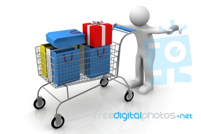 3d Man Rolls The Shopping Cart With Gifts Stock Image