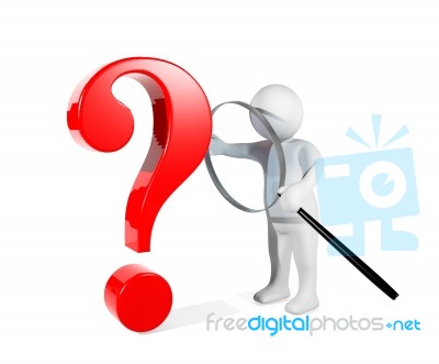 3d Man Using Magnifying Glass Detecting Red Question Mark Stock Image