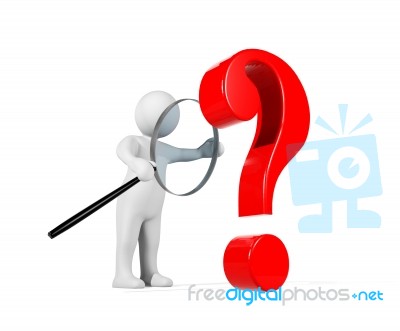 3d Man Using Magnifying Glass Detecting Red Question Mark Stock Image