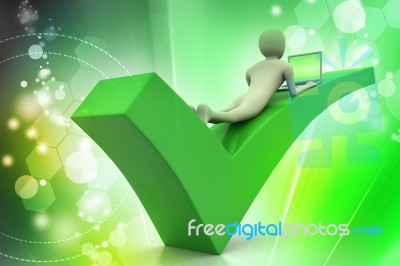 3d Man With Laptop Lying On The Right Mark Stock Image