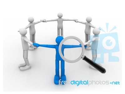 3d People In A Circle   And One Is Zoomed By Magnifier Stock Image