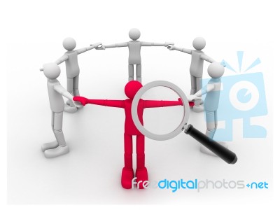 3d People In A Circle   And One Is Zoomed By Magnifier Stock Image