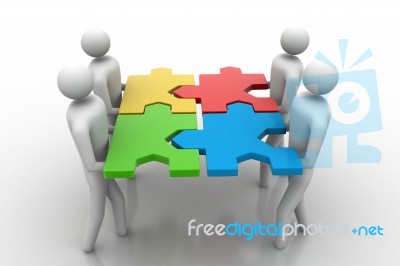 3d People - Team With The Puzzles In Hands Stock Image