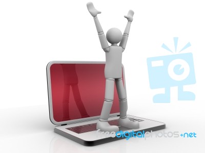 3d Person Standing  On  A Laptop Happily Raised His Hands Up Stock Image