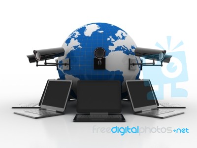 3d Rendering Computer Network With Cctv Camera Stock Image