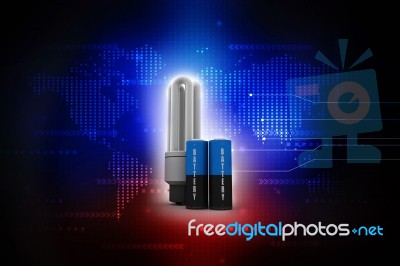 3d Rendering Electrical Energy And Power Supply Source Concept, Accumulator Battery With Cfl Bulb Stock Image