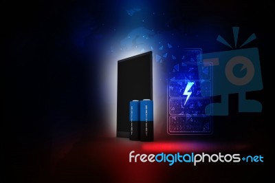 3d Rendering Electrical Energy And Power Supply Source Concept, Accumulator Battery With Charging Level Full With Mobile Stock Image