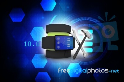3d Rendering Fitness Bracelet Smart Watch With Database Near Tool Stock Image