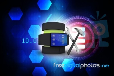 3d Rendering Fitness Bracelet Smart Watch With Database Near Tool Stock Image