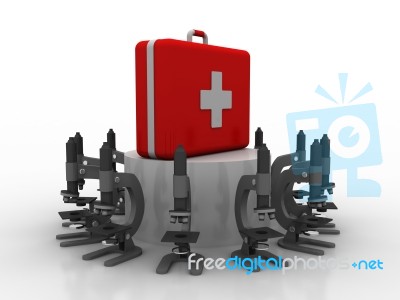3d Rendering Microscope With First Aid Box Stock Image
