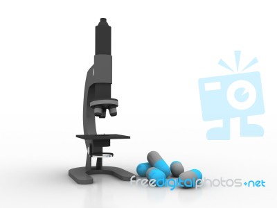 3d Rendering Microscope With Pill Stock Image