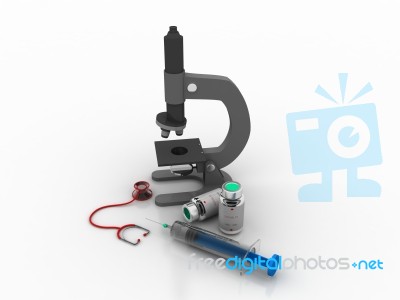 3d Rendering Microscope With Stethoscope Near Syringe Stock Image