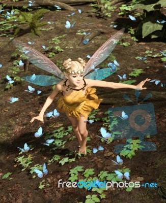 3d Rendering Of A Fairy Flying In A Magical Forest Stock Image