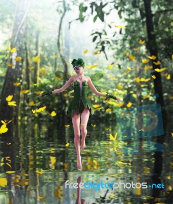 3d Rendering Of A Fairy Flying In A Magical Forest Stock Image