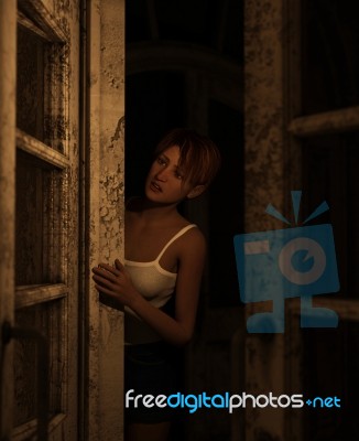 3d Rendering Of A Woman Is Trying To Survive In Haunted House Stock Image