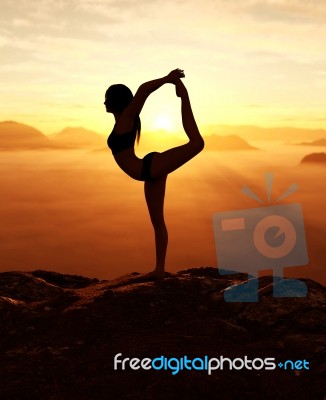 3d Rendering Of Woman Doing Yoga And Meditates On The Mountain Stock Image