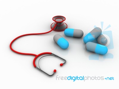 3d Rendering Stethoscope With Pills   Stock Image