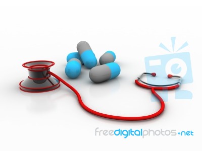 3d Rendering Stethoscope With Pills   Stock Image