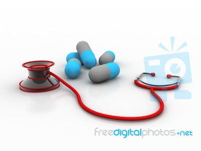3d Rendering Stethoscope With Pills   Stock Image