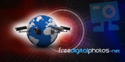 3d Rendering Surveillance Cctv Security Camera Connected Globe Stock Image