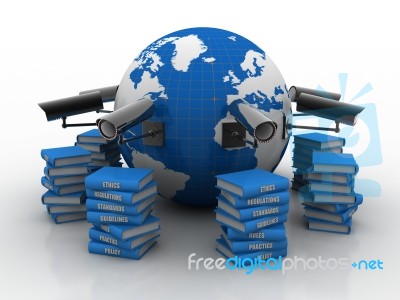 3d Rendering Surveillance Cctv Security Camera Connected Globe With Book Stock Image