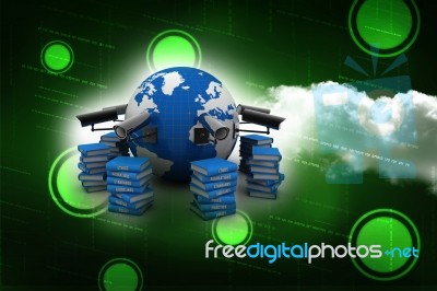 3d Rendering Surveillance Cctv Security Camera Connected Globe With Books Stock Image