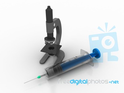 3d Rendering Virus Testing Microscope With  Syringe Stock Image