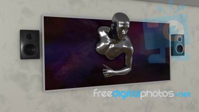 3d Render.television With Speakers And Human Figure Going Out Stock Image