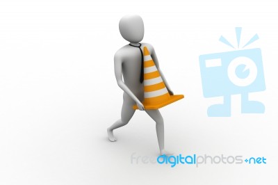 3d Small Person Carrying The Traffic Cone Stock Image