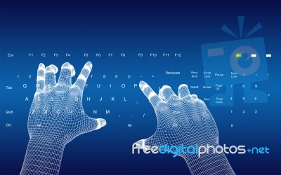 3d Wire-frame Hands Typing On A Blue Keyboard Stock Image