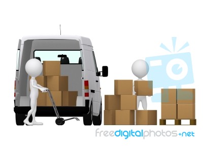 3d Workers Loading Boxes To Van Stock Image