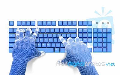 3dwire-frame Hands Typing On A Blue Keyboard Stock Image
