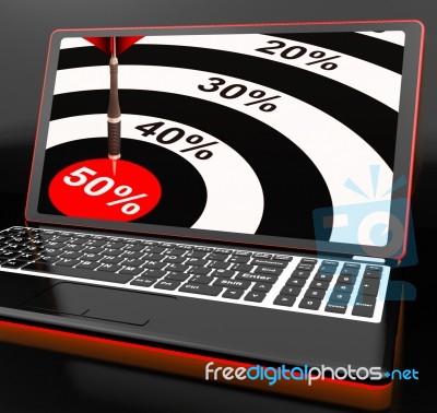 50percent On Laptop Showing Big Promotions Stock Image