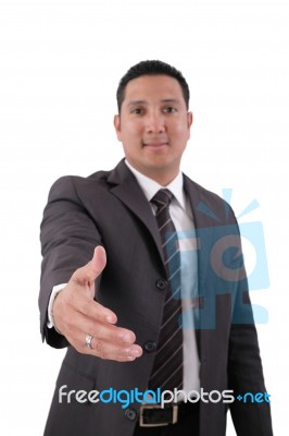 A Business Man With An Open Hand Ready To Seal A Deal. Focus In Stock Photo