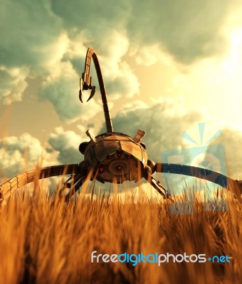 A Giant Mech In Grass Field,3d Illustration Stock Image