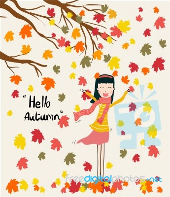 A Girl Enjoying Colourful Fall Leaves Under Dry Tree In Autumn Season, Wind Blow With Hello Autumn Word Stock Image A Girl Enjoying Colourful Fall Leaves Under Dry Tree In Autumn Season, Wind Blow With Hello Autumn Word Stock Image