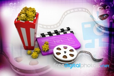 A Movie Reel With Clapboard And Popcorn Stock Image