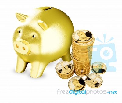 A Piggy Bank With Money Isolated On A White Background, Savings Stock Image