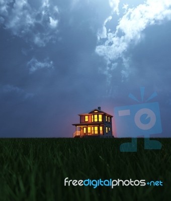 A Single House On Field At Night Stock Image