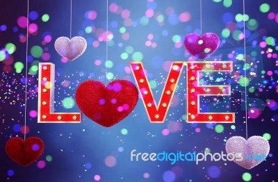 Abstract Colorful Furry Heart With Marquee Love Letters Decorated Stock Image