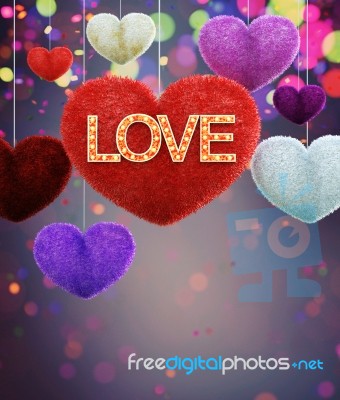 Abstract Colorful Furry Hearts With Marquee Love Letters Decorated Stock Image