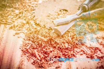 Abstract Joiner Tools  On Wood Table Background Stock Photo