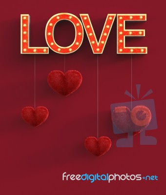 Abstract Red Furry Hearts With Marquee Love Letters Decorated Stock Image